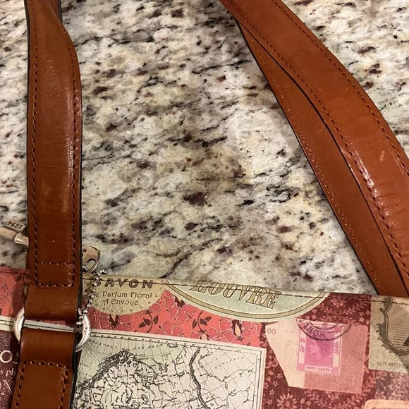 Fossil Vintage Travel Print Satchel Shoulder Bag Brown Leather Handles Cream - Picture 16 of 16
